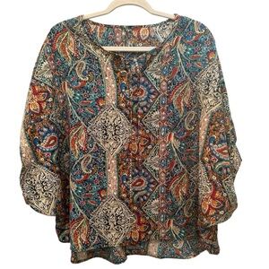 Vibrant Paisley Boho Women's Blouse Fall Oversized Lightweight Layer Sz XL